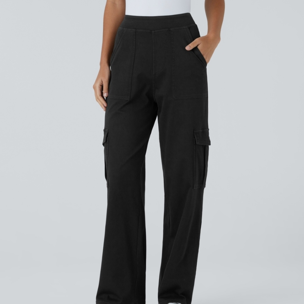 NWT Halara Flex Multiple Pockets Straight Leg Stretchy Cargo Jeans ML Tall Black - Picture 3 of 10